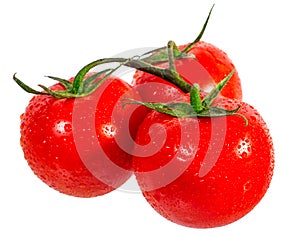 Three ripe, red, juicy tomatoes with water drops are on a white background isolated.