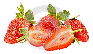 Three ripe red strawberries with green leaves and two half of cutted strawberry on the foreground isolated on a white background