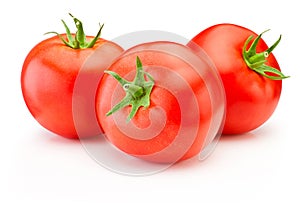 Three ripe red tomatoes isolated on white background