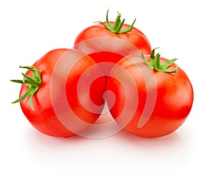 Three ripe red tomatoes isolated on white background