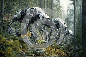 Robotic foresters manage a futuristic forest environment during daylight hours