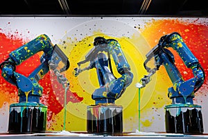 three robotic painters work in unison, coating a surface with bold, vivid colors