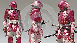 Three robotic samurai figures are depicted, each wearing vibrant pink armor with photo