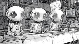 Three Robots Working at a Futuristic Control Panel