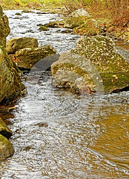 three rocks and fast moving river water with Fall season fallen leaves