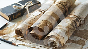 Three rolled up papers sit on top of a table, possibly containing notes or documents