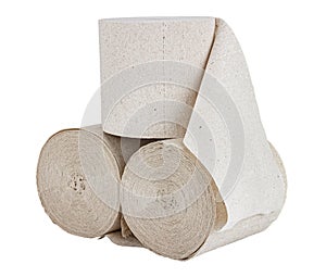 Three rolls of grey toilet paper isolated on white background