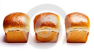 Three rolls of white bread on a white background
