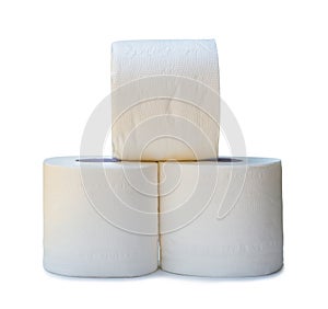 three rolls of white tissue paper or napkin in stack prepared for use in toilet or restroom isolated on white background with