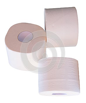 Three rolls of white tissue paper or toilet paper isolated on white background with clipping path
