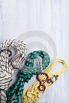 Three ropes neatly reeled up and lay on a light background