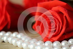 Three roses flowers red with pearl beads on wooden background closeup.