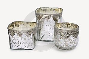 THREE ROUND CRACKLED GLASS CANDLEHOLDERS