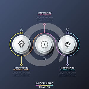 Three round elements with linear symbols inside, colored line going around them and text boxes. Infographic design