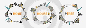 Three round mini frames of fairytale houses with stylized various windows, trees and shrubs, cartoon-style street, bright colored