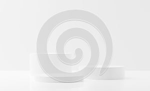 Three round white empty, blank dais, podium or platform with white background, product presentation template mock-up