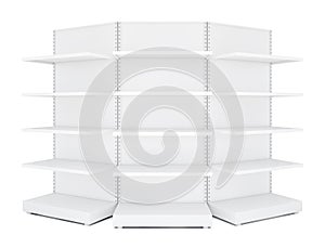 Three rounded blank empty retail shelves