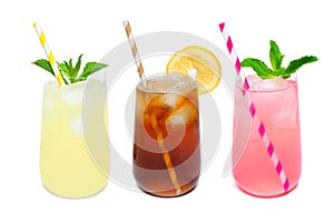 Three rounded glasses of summer drinks isolated on white