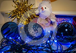 Three royal blue Christmas balls.Christmas decoration festive atmosphere concept