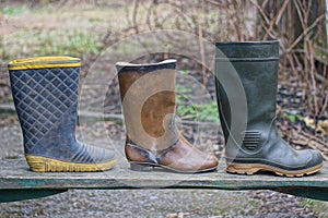 three rubber boots stand on a wooden table