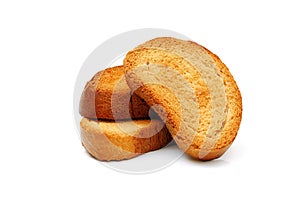 Three rusks on white background, full depth of field