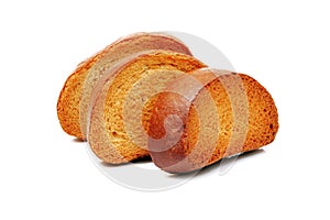 Three rusks on white background, full depth of field