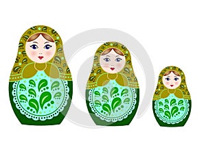 Three russian nesting dolls matryoshka isolated on white background