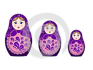 Three russian nesting dolls matryoshka isolated on white background