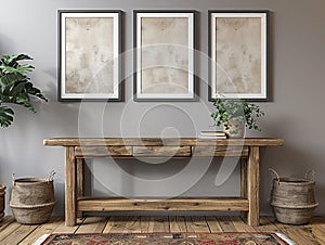 Three rustic wooden frames above a wooden console with plants and baskets in a home interior