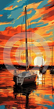 Sunset Sailboats: Bold Graphic Illustration Of A Beneteau 36.7 In Hyannis Harbor photo