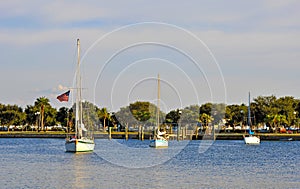 Three sailboats near a dock