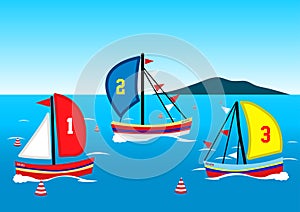 Three sailing boats race on the water