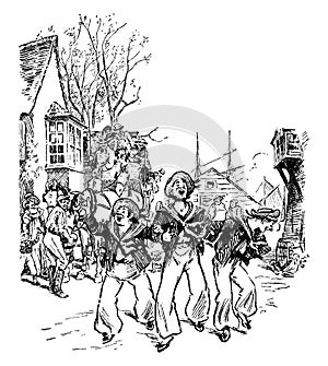 Three Sailors Singing & Walking Down Street, vintage illustration