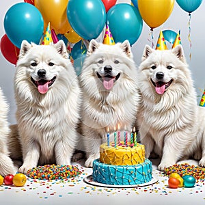 Three Samoyed dogs celebrating birthday