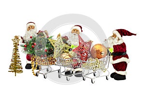 Three Santa Claus with baskets full of Christmas decorations and gifts on a white background