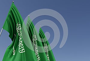 Three Saudi Arabia flags on flagpole on blue background. Place for text. The flag is unfurling in wind. Riyadh. Middle East. 3D