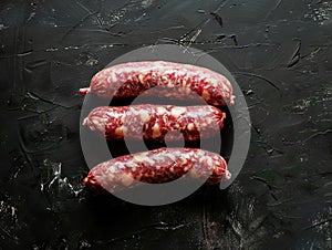Three sausages on a black surface