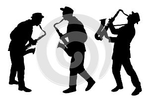 Abstract music vector illustration with a silhouette of a saxophone players in action for jazz and other music