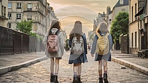 three school children in city with school colored bags Back to school concept, education.