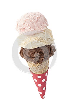 Three scoops of ice cream in a cone