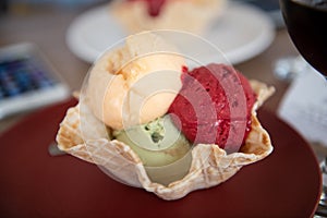 Three Scoops of Ice Cream in Cornet Bowl