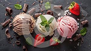 Three scoops of ice cream, each of a different flavor, accompanied by a strawberry and garnished with mint leaves photo