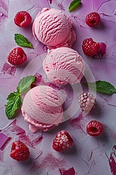 Three Scoops of Ice Cream With Raspberries and Mint Leaves