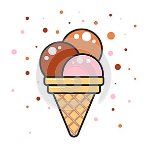 Three scoops of ice cream in a waffle cone on a white background. Vector flat outline icon