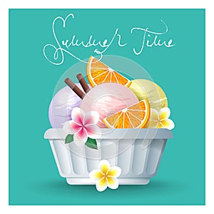 Three scoops of ice cream in white ice-cream bowl with flowers, orange slices and cinnamon. Fresh dessert illustration.