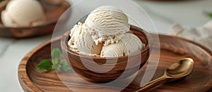 Three Scoops of Ice Cream in a Wooden Bowl