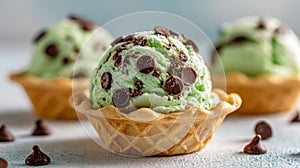 Three scoops of mint chocolate chip ice cream served in crispy waffle bowls with scattered chocolate chips on a light surface in a