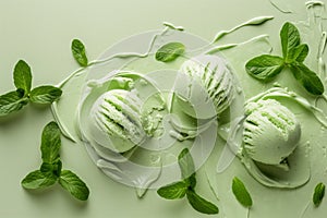 Three scoops of mint ice cream with fresh mint leaves