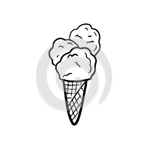 Three scoops of tasty delicious ice cream in a waffle cup isolated on white background. Hand drawn vector sketch illustration in