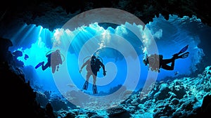 Three scuba divers are swimming through a cave filled with coral, AI